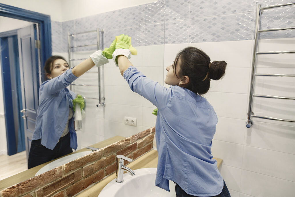 Dona de casa limpando o seu banheiro